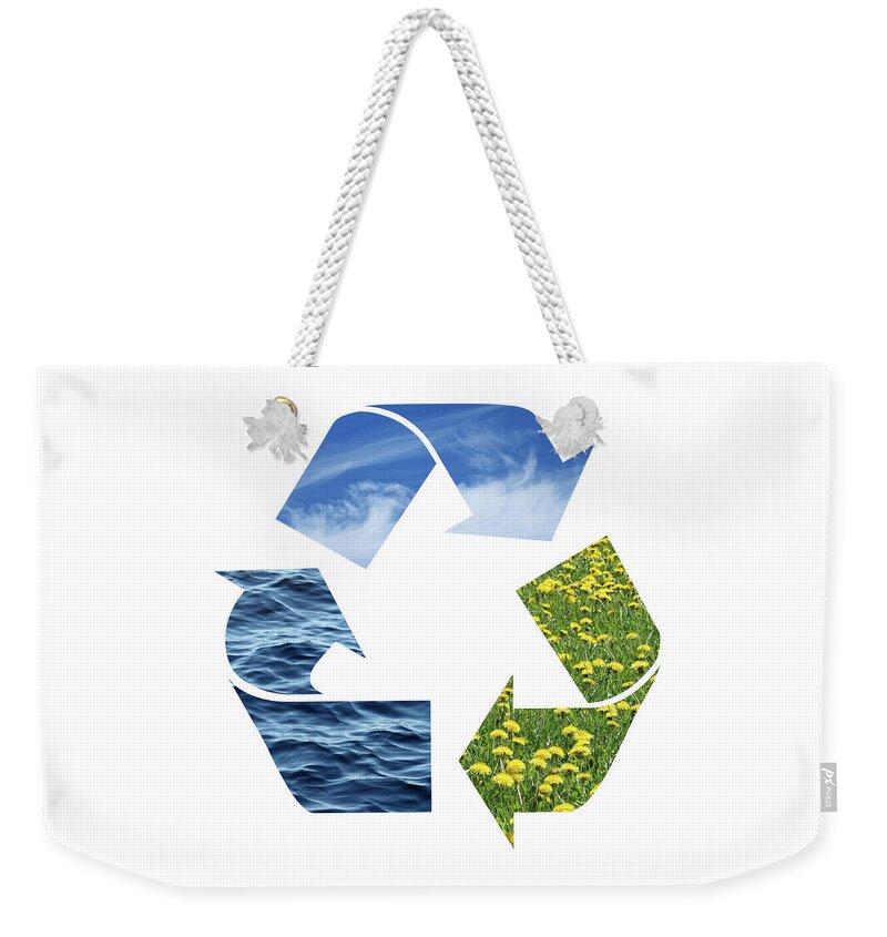 Recycling Weekender Tote Bag featuring the photograph Recycling sign with images of nature by GoodMood Art
