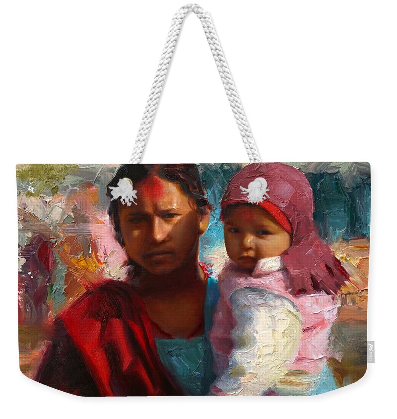 Mother Weekender Tote Bag featuring the painting Red and Blue Portrait of Nepalese Mother and Child by K Whitworth