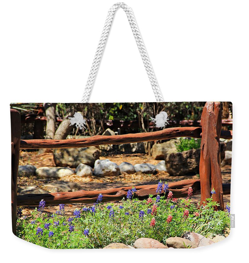 Landscape Weekender Tote Bag featuring the photograph Red and Bluebonnets by Matalyn Gardner