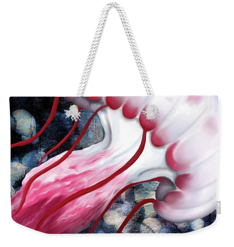 Jellyfish Weekender Tote Bag featuring the digital art Red and White Jellyfish by Sand And Chi