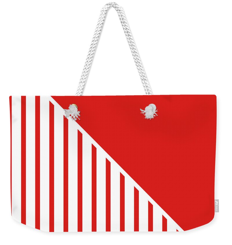 Red Weekender Tote Bag featuring the digital art Red and White Triangles by Linda Woods