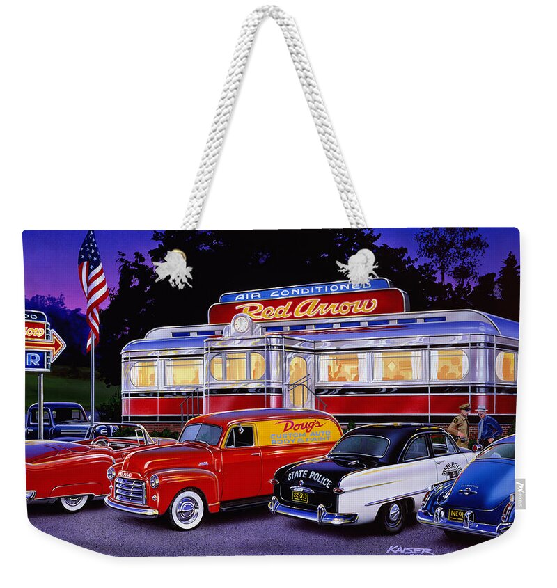 Old Style Weekender Tote Bag featuring the photograph Red Arrow Diner by MGL Meiklejohn Graphics Licensing