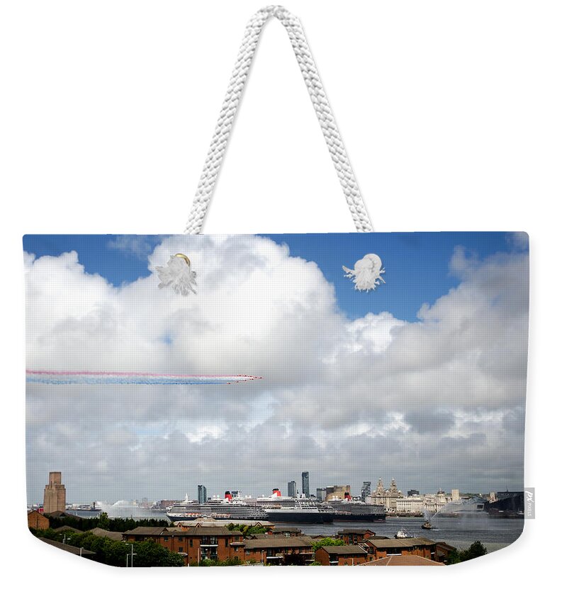 Cunard Weekender Tote Bag featuring the photograph Red Arrows and the Three Queens by Spikey Mouse Photography