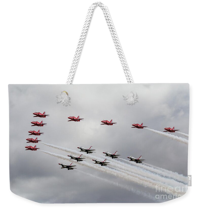 Red Arrows Weekender Tote Bag featuring the digital art red Arrows with The Thunderbirds by Airpower Art