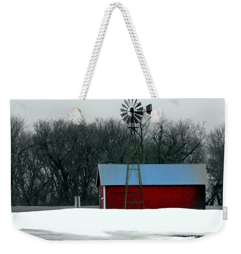 Red Barn Weekender Tote Bag featuring the photograph Red Barn and Windmill by Julie Lueders 