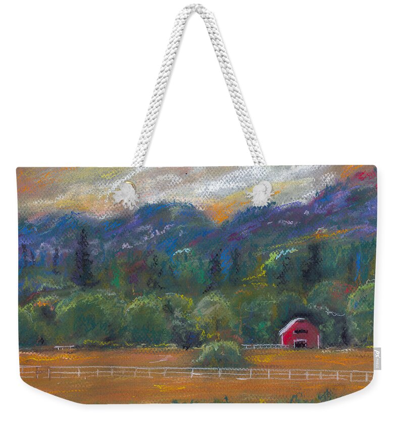 Red Barn Weekender Tote Bag featuring the painting Red Barn by Clara Sue Beym