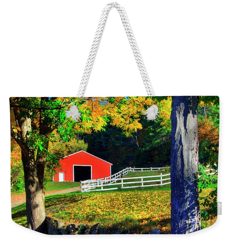 Red Barn Weekender Tote Bag featuring the photograph Red Barn in Autumn - Keane, NH by Joann Vitali