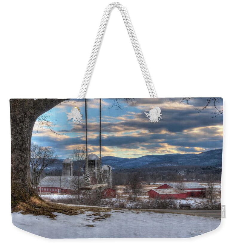 Vermont Weekender Tote Bag featuring the photograph Red Barn in Snow - Vermont Farm Scene by Joann Vitali