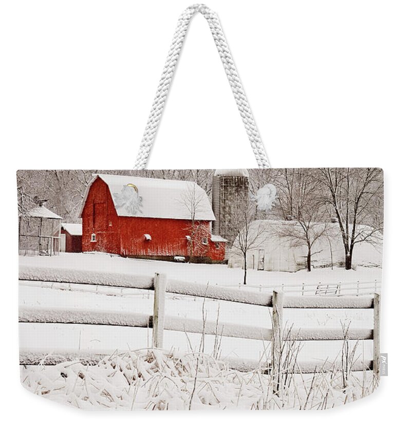 Michigan Weekender Tote Bag featuring the photograph Red Barn in Winter by Jill Love