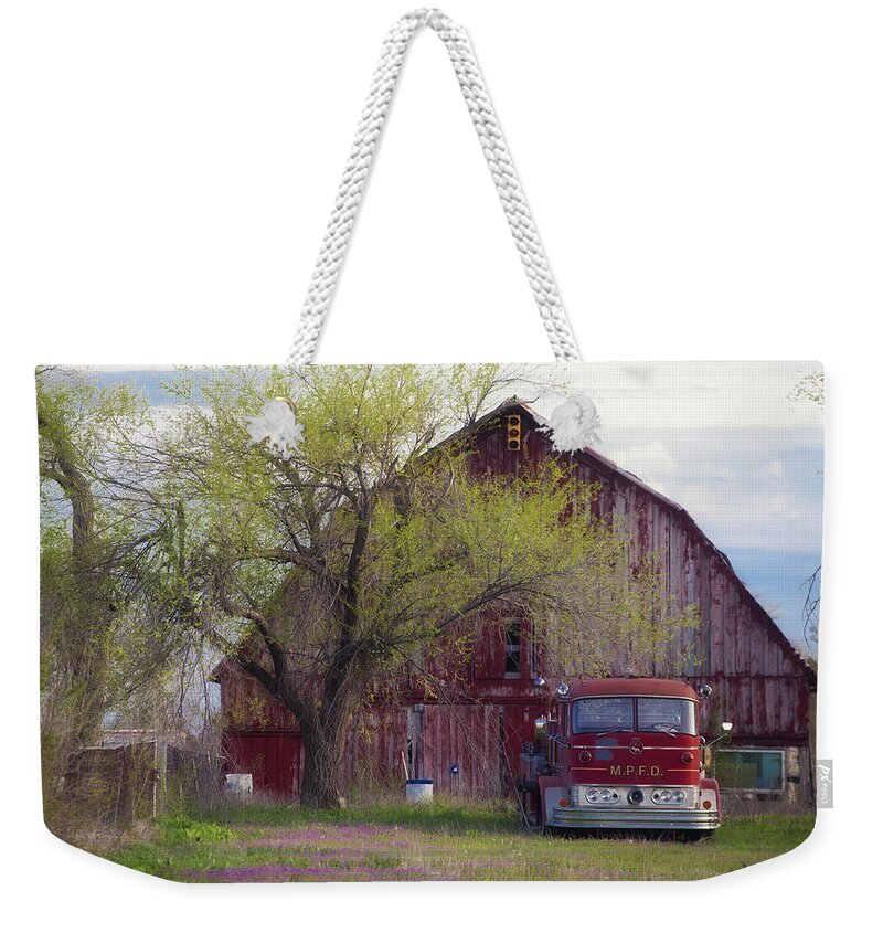 Barn Weekender Tote Bag featuring the photograph Red Barn Red Truck by Toni Hopper