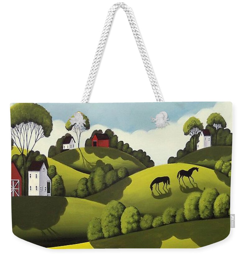 Barn Weekender Tote Bag featuring the painting Red Barns - country landscape by Debbie Criswell