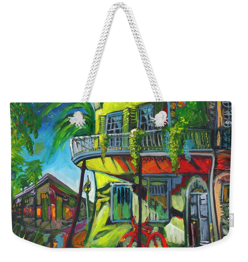 New Orleans Weekender Tote Bag featuring the painting Red Bike On Royal by Amzie Adams