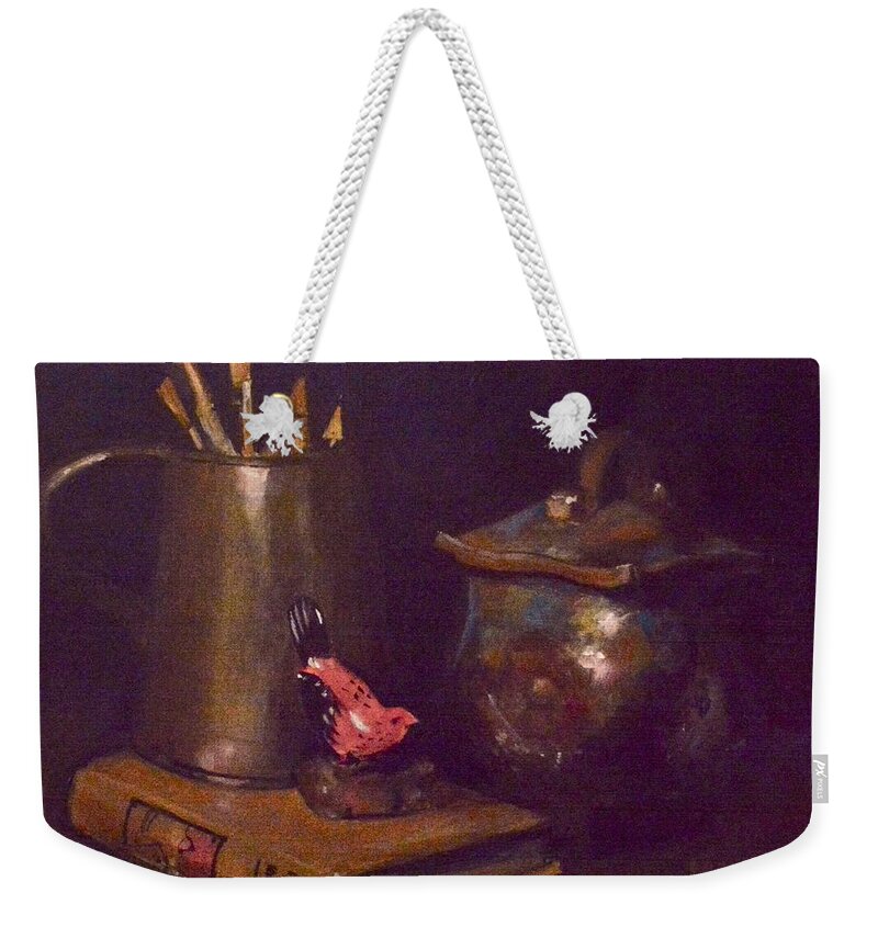 Walt Maes Weekender Tote Bag featuring the painting Red bird by Walt Maes