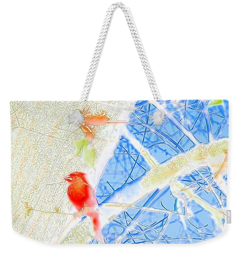 #south #georgia #cardinal On #bright #blue #sky Weekender Tote Bag featuring the photograph Red Bird Watching Over by Belinda Lee