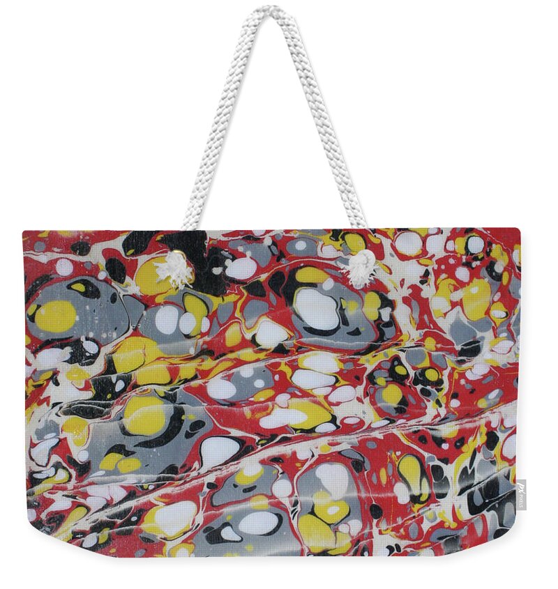 Water Marbling Weekender Tote Bag featuring the painting Red Black and Yellow Battal by Daniela Easter