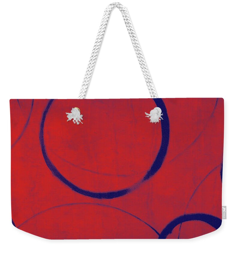 Red Weekender Tote Bag featuring the painting Red Blue Ensos by Julie Niemela