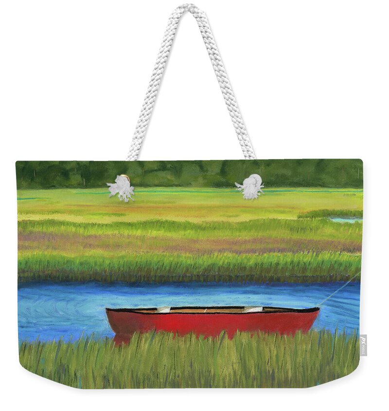 Red Boat Weekender Tote Bag featuring the painting Red Boat - Assateague Channel by Arlene Crafton