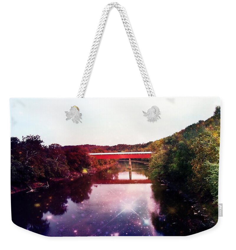 Covered Bridge Weekender Tote Bag featuring the mixed media Red Bridge at Twilight by Stacie Siemsen