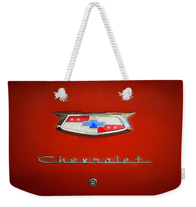 Old Weekender Tote Bag featuring the photograph Red Chevy Bel-Air Trunk by Marilyn Hunt