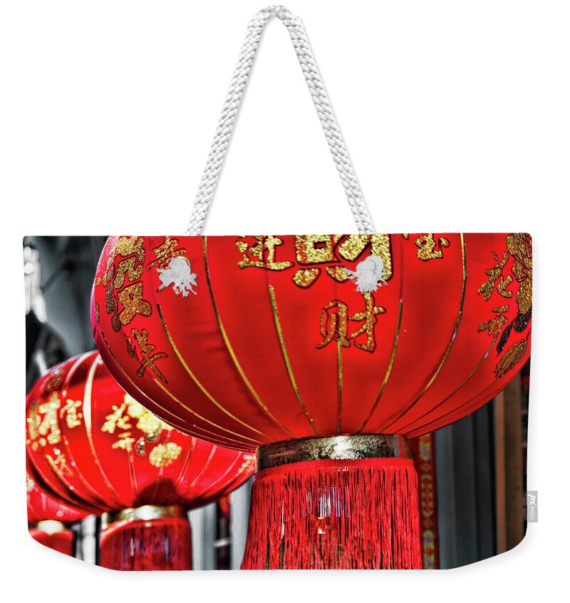 Red Chinese Hanging Lanterns Weekender Tote Bag featuring the photograph Red Chinese Lanterns by Sharon Popek