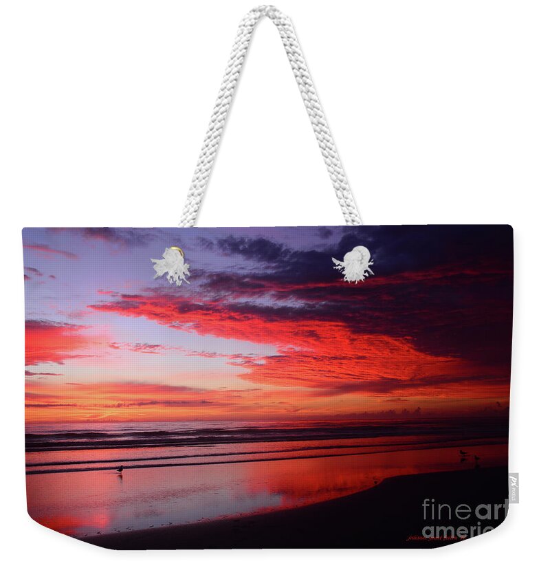Beach Prints Weekender Tote Bag featuring the painting Brilliant Dawn at the beach 8-14-16 by Julianne Felton