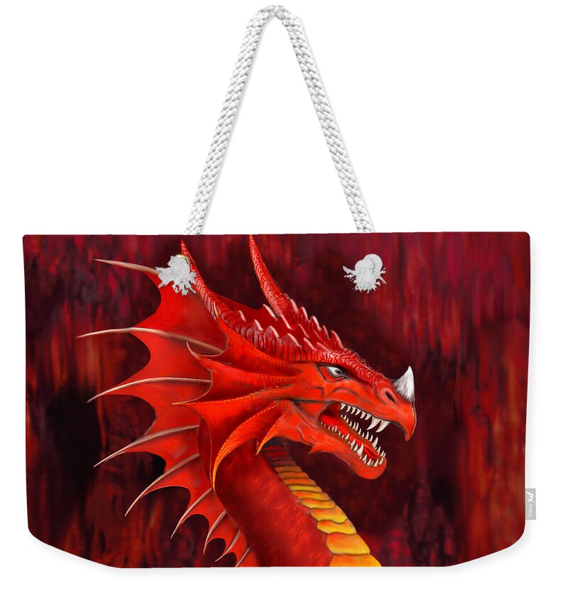 Red Dragon Weekender Tote Bag featuring the digital art Red Dragon Terrifier by Glenn Holbrook