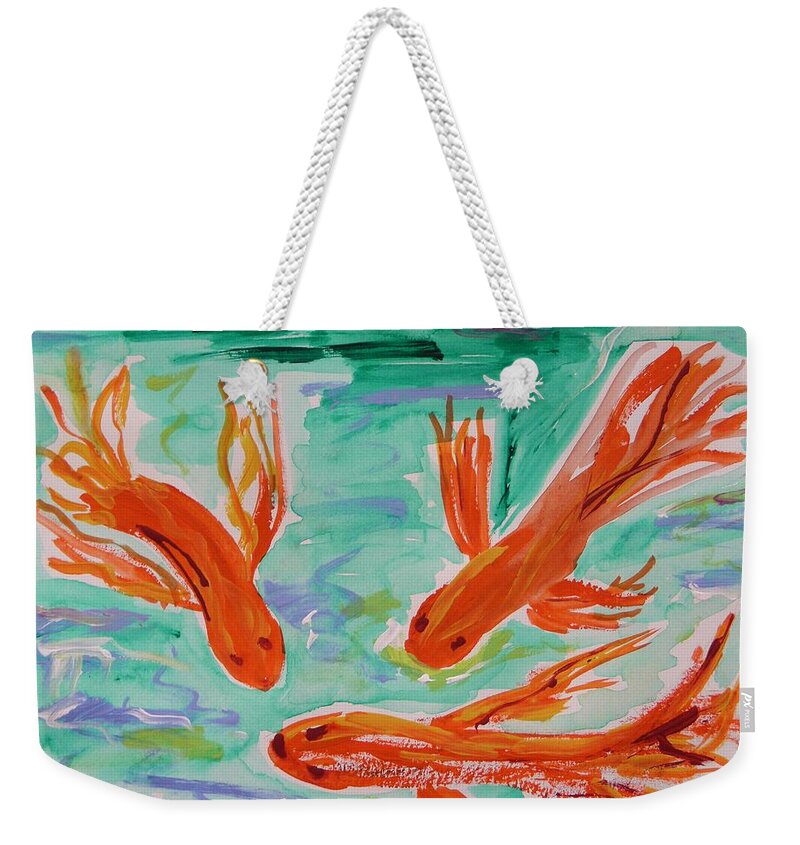 Koi Weekender Tote Bag featuring the painting Red Eye Koi by Mary Carol Williams