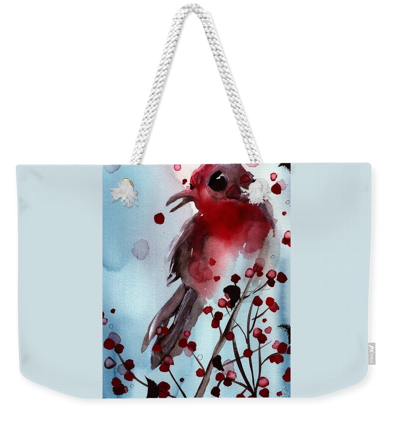 Finch Weekender Tote Bag featuring the painting Red Finch in the Winterberry by Dawn Derman