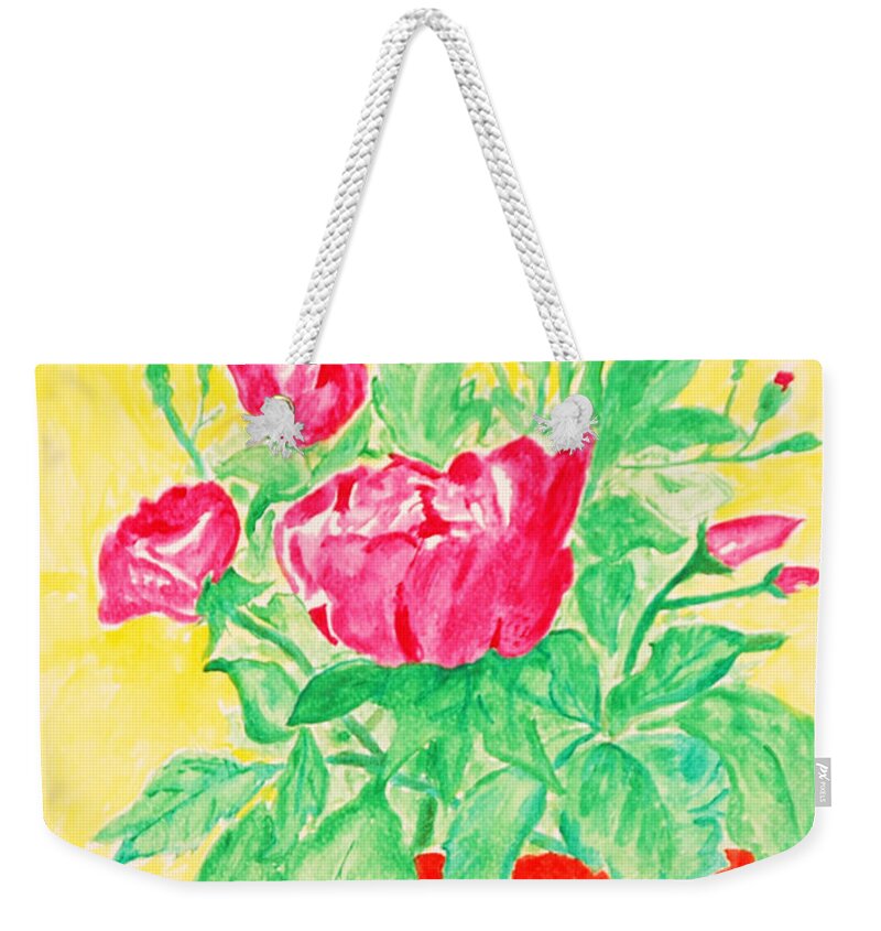 Flower Weekender Tote Bag featuring the painting Red Flowers in a Brown vase by Jose Rojas