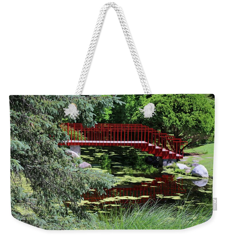 Forest Weekender Tote Bag featuring the photograph Red Footbridge Dow Gardens by Mary Bedy