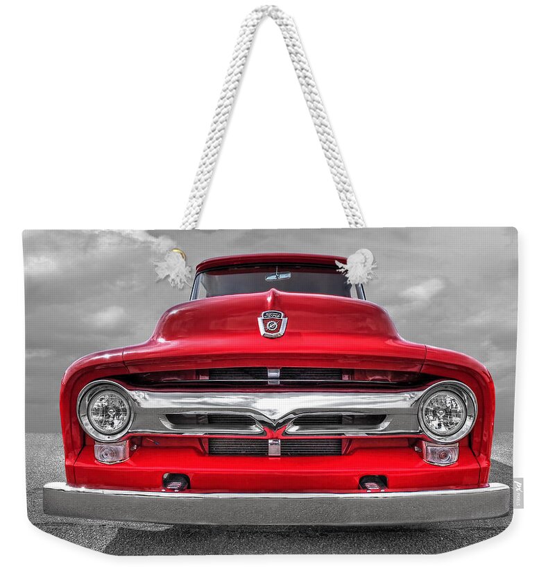 Ford F100 Weekender Tote Bag featuring the photograph Red Ford F-100 Head On by Gill Billington