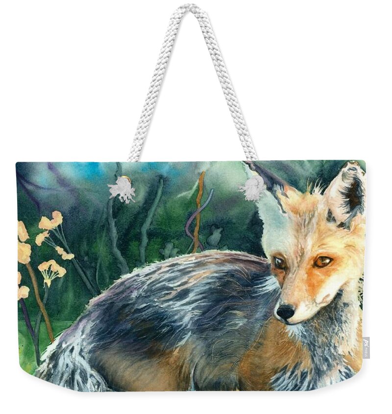 Fox Weekender Tote Bag featuring the painting Red Fox- Caught in the Moment by Barbara Jewell