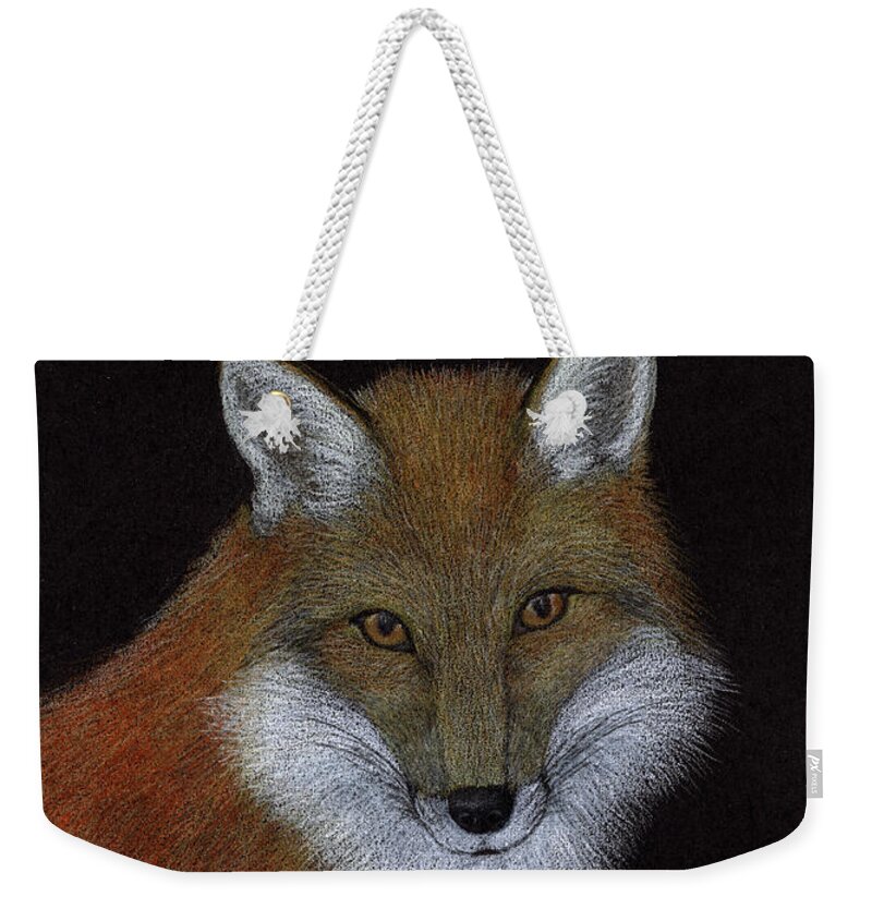 Red Weekender Tote Bag featuring the drawing Red Fox by Jackie Irwin