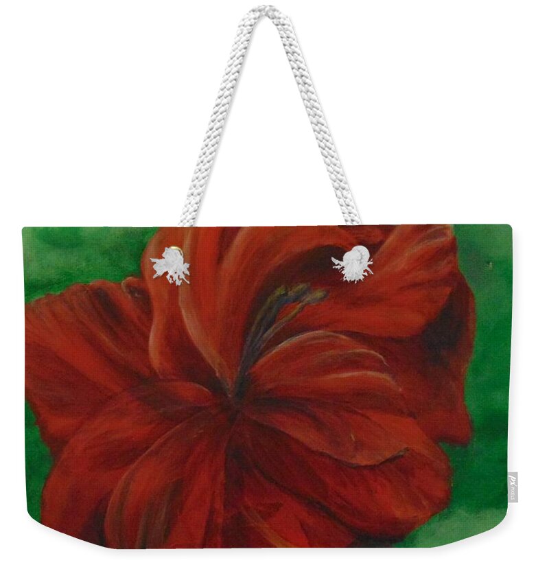 Floral Weekender Tote Bag featuring the painting Red Gladiolus by Saundra Johnson