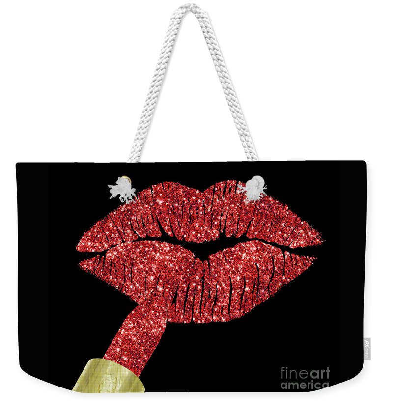 Ruby Lips Weekender Tote Bag featuring the painting Red Kiss, faux glitter lipstick on pouty lips, fashion art by Tina Lavoie