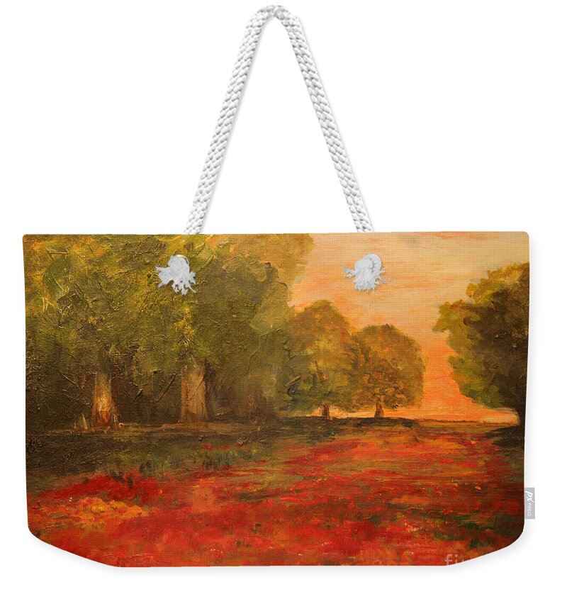 Landscape Weekender Tote Bag featuring the painting Red Glow in the Meadow by Julie Lueders 