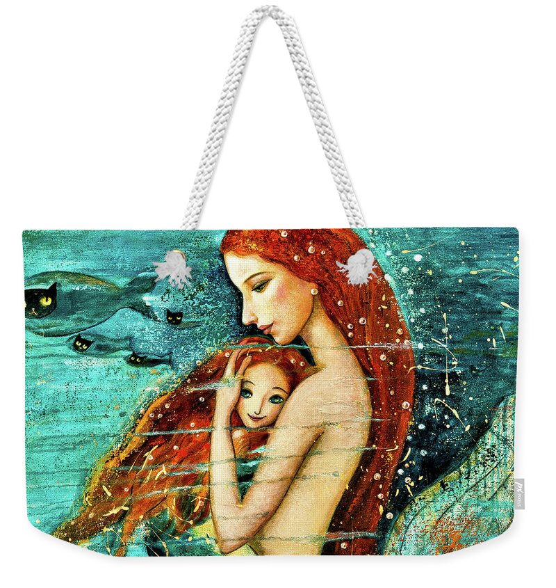 Mermaid Art Weekender Tote Bag featuring the painting Red Hair Mermaid Mother and Child by Shijun Munns