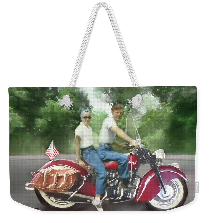 Motorcycles Weekender Tote Bag featuring the digital art Red Hot and Ready by Colleen Taylor