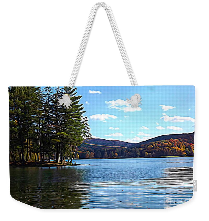 Red House Lake Allegany State Park In Autumn Weekender Tote Bag featuring the photograph Red House Lake Allegany State Park in Autumn Expressionistic Effect by Rose Santuci-Sofranko