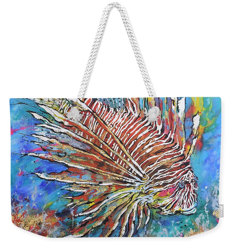 Red Lion-fish Weekender Tote Bag featuring the painting Red Lion-fish by Jyotika Shroff