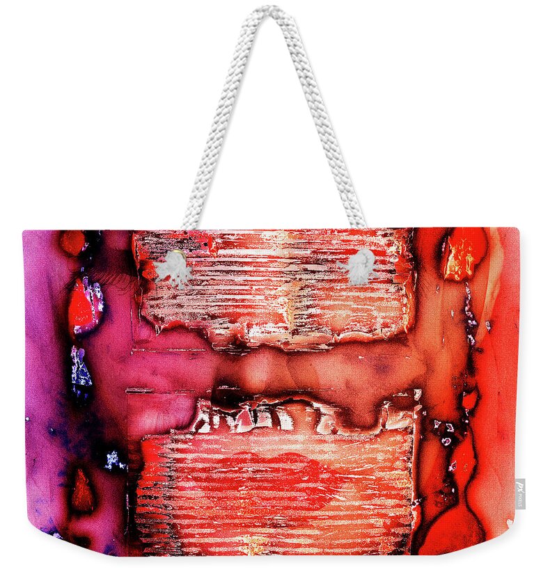 Collage Weekender Tote Bag featuring the photograph Red lips behind metal stripes by Gabi Hampe