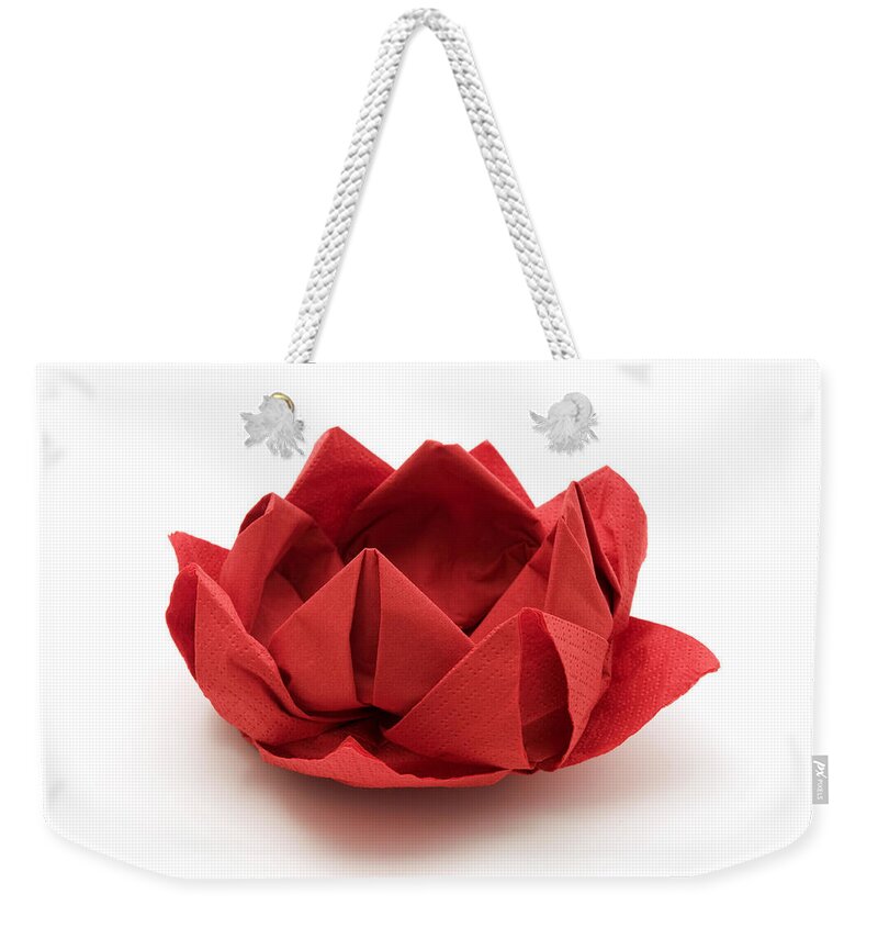 White Background Weekender Tote Bag featuring the photograph Red lotus origami by Fabrizio Troiani