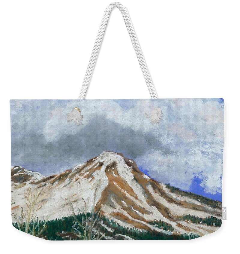 Mountain Weekender Tote Bag featuring the pastel Red Mountain in Snow by Ginny Neece