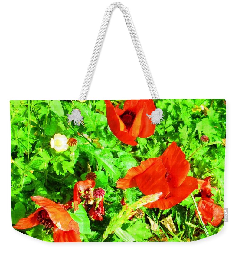 Semi Abstract Weekender Tote Bag featuring the painting Red On Green Floral by Mary Cahalan Lee - aka PIXI