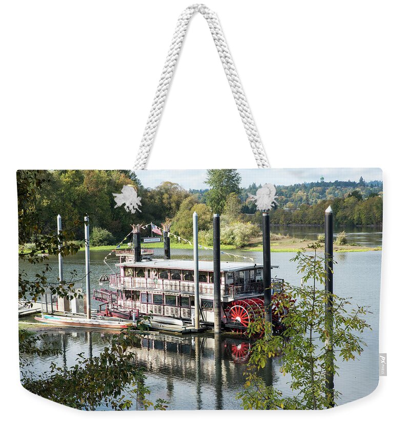 Paddle Wheeler; Boats; Leisure; Summer; Peaceful; Willamette River; Salem; Oregon; Willamette Queen; Riverfront City Park; Carousel; Paddle Wheel Weekender Tote Bag featuring the photograph Red Paddle Wheel by Tom Cochran