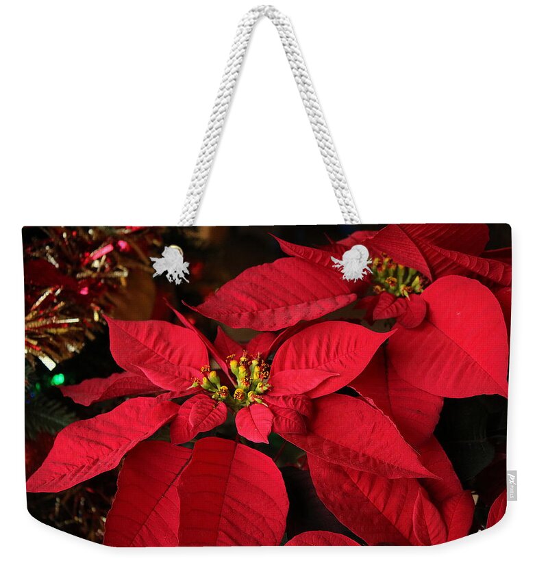 Red Weekender Tote Bag featuring the photograph Red Poinsettia and Tinsel by Sheila Brown