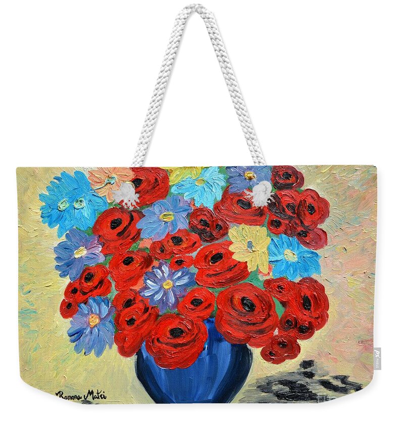 Poppies Weekender Tote Bag featuring the painting Red Poppies and All Kinds of Daisies by Ramona Matei