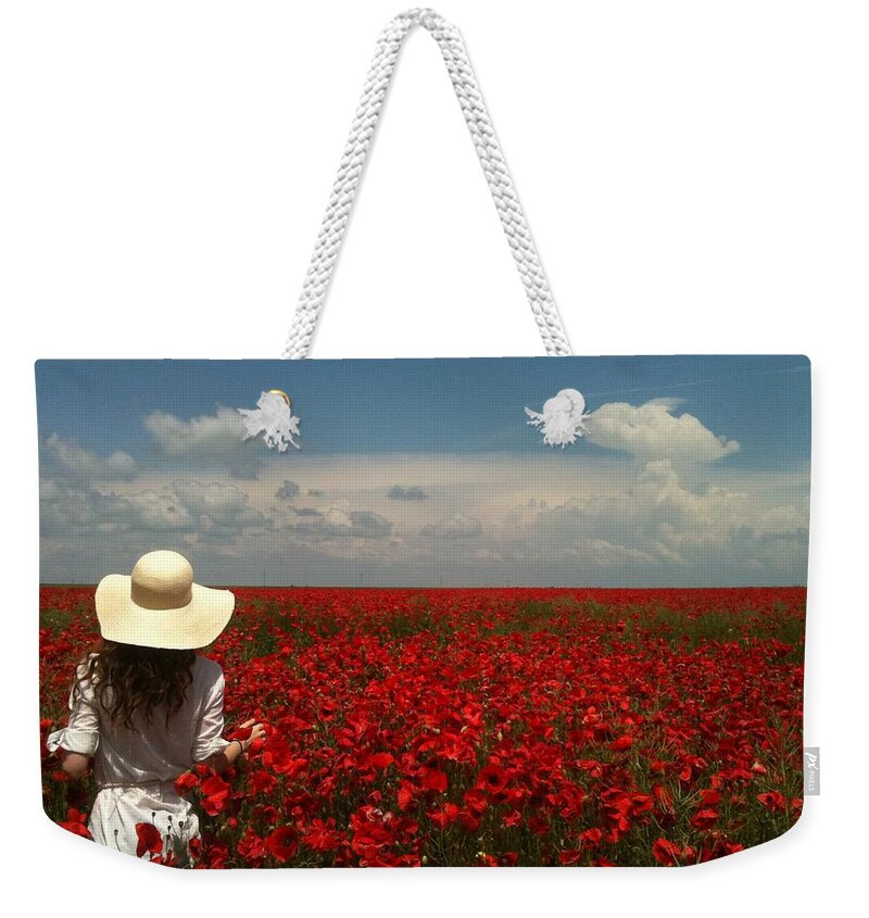Red Poppies Field Weekender Tote Bag featuring the painting Red Poppies and Lady by Georgeta Blanaru