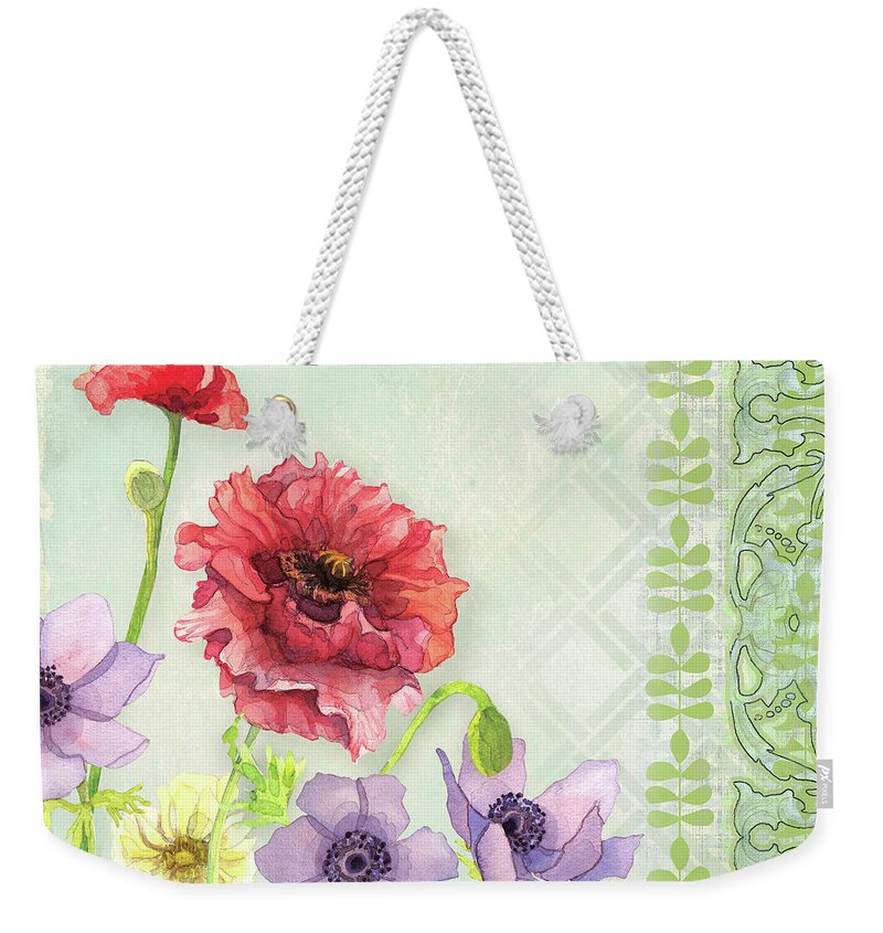 Red Poppy Weekender Tote Bag featuring the painting Red Poppy Purple Anenomes Wind Flowers IV - Retro Modern Patterns by Audrey Jeanne Roberts