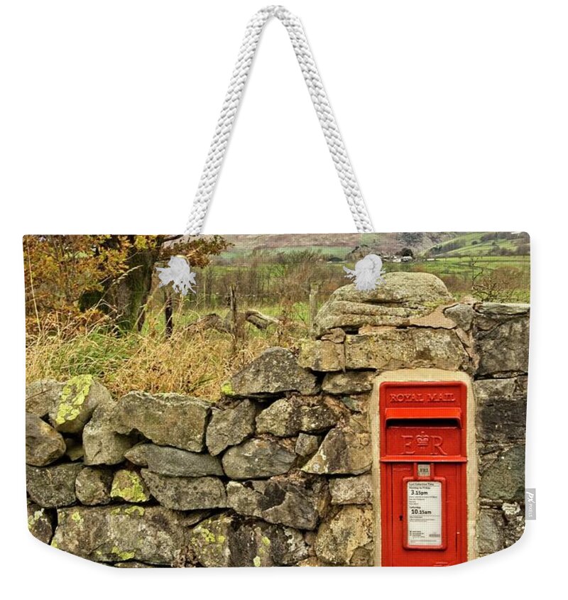 Red Post Box Weekender Tote Bag featuring the photograph Red Postbox Down a Country Lane by Martyn Arnold